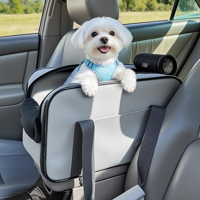 PETSFIT Multipurpose Console Dog Car Seat, Portable Small Dog Car Seat for Dogs, Cat Carrier, Pet Carrier Airline Approved with Safety Tether and Pockets (Light Grey)