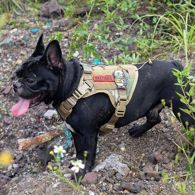 OneTigris Tactical Dog Harness with Handle No-Pull Adjustable for Small Dog | Military 1000D Pullable Nylon, Service Dog Vest with Hook & Loop Panels, Easy On & Off for Walking Hiking Training Camo XXS