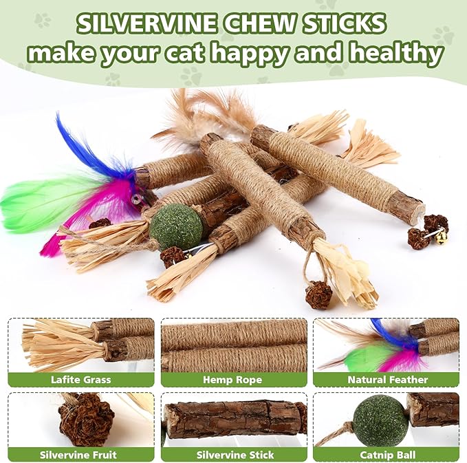 WOUSEDO Catnip Chew Toys for Cats, 24 Pack Cat Toys with Silvervine Sticks, Natural Silvervine Stick Cage Balls & Bell Balls for Indoor Cats