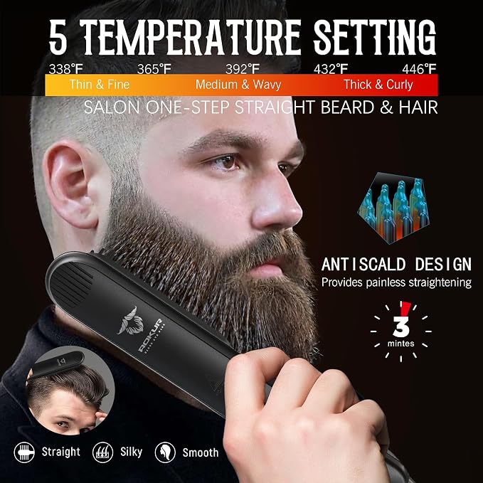 Beard Straightener for Men – 5-Temp Heated Brush with Anti-Scald Tech – Grooming Kit with Sandalwood Comb, Balm, Oil & Scissors – Gifts for Father’s Day, Anniversary & Birthdays
