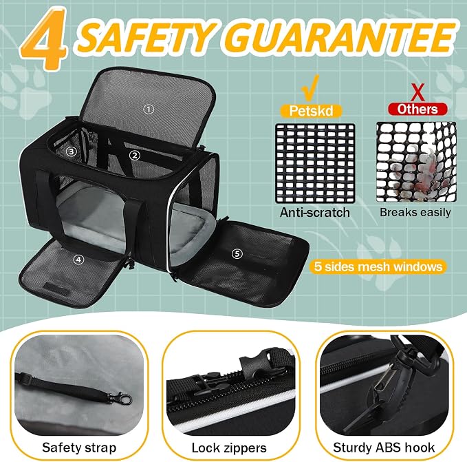 Small Pet Carrier 17" L x 12" W x 8.5" H Airline Approved, Black | for JetBlue/Frontier/Spirit Airlines, Lockable Safety Zippers and Anti-Scratch Mesh, Pets Under 8 lbs