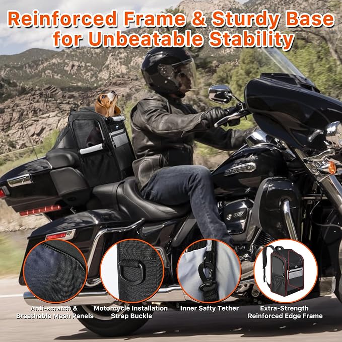 Motorcycle Dog Carrier Bag, 17 lbs for Small Dog & Cat with Stable Frame, Breathable Pet Carrier with Anti-Escape Safety Clip Fit for Street Glide with Passenger Seat Touring Trike Models Can Ams