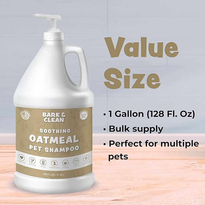 Oatmeal Dog Shampoo for Itchy Skin, 1 Gallon with Pump - Hypoallergenic Anti-Itch Allergy & Sensitive Skin Relief, Moisturizing Aloe Vera Coconut Oil, Sulfate & Paraben Free, Made in USA, Bark & Clean