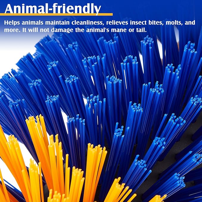 3 Pack Livestock Scratching Brush, Blue and Yellow | Animal Scratcher, Itch Relief Grooming, Horse Goat Cow Scratcher, Fence Post Mounting, Durable Bristles, Farm Livestock Care