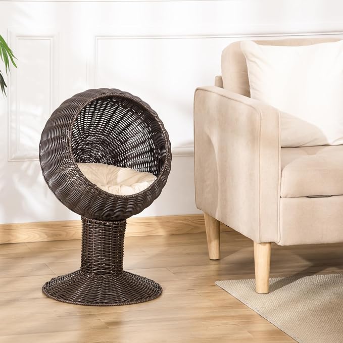 PawHut Elevated Cat Bed with Rotatable Egg Chair Pod, Cat Basket Bed with Thick Cushion, Natural Mat Grass Woven Kitty House, Coffee | Cat Basket Bed, Natural Mat Grass Woven Kitty House