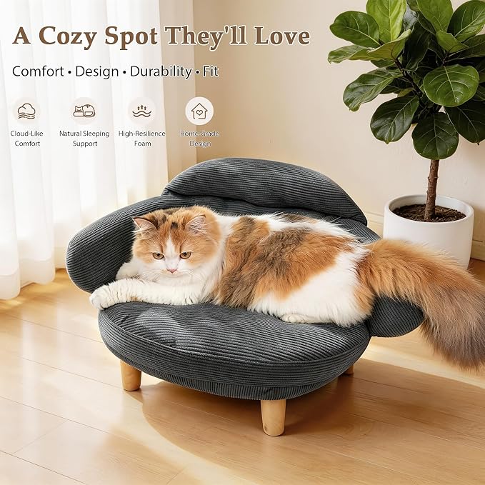 Gray Cat Sofa Bed, Furniture Style Pet Couch with Pine Wood Legs | Removable Cotton Velvet Cover, Cozy Cushion Design, Stylish Home Décor Pet Furniture for Cats and Small Dogs