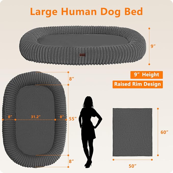 Human Dog Bed for Adult, Orthopedic Gel Memory Foam, 71"x47"x9" | Human Dog Bed Fits Adult & Pets, Reversible Egg-Crate Foam Cushion, Washable Pet Bed with Blanket, Medium Grey