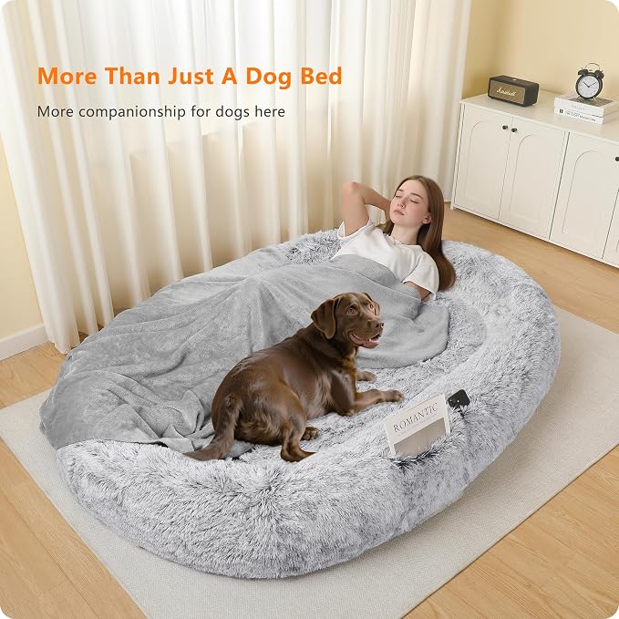 Human Dog Bed for Adult, Orthopedic Gel Memory Foam, 71"x47"x9" | Human Dog Bed Fits Adult & Pets, Reversible Egg-Crate Foam Cushion, Washable Pet Bed with Blanket, Ombre Grey