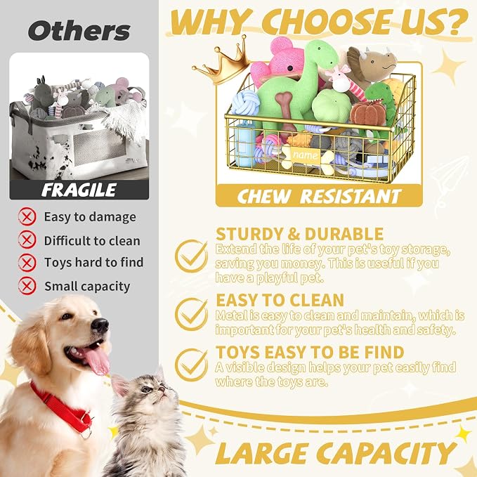 Kaiferty Indestructible Dog Toy basket, Small Toy Box for Dogs, Pet Toy Bin Dog Metal Basket for Toys, Toy Storage Organizer, Cat Toy Box for Living Room Area(Gold)