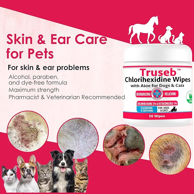 Pet Health Pharma Truseb Topical for Dogs, Cats and Horses - with Aloe for Cleansing (Ketoconazole & Chlorhexidine Wipes, 100 Count)