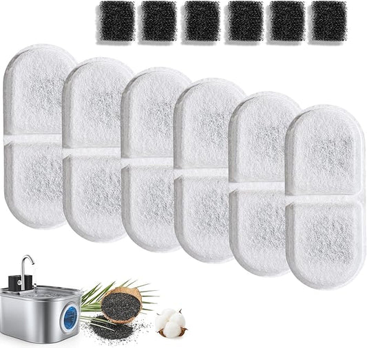 Filtre de remplacement pour fontaine à eau pour chat, 12 pièces (6 charbon + 6 éponges) pour distributeur d'eau automatique pour animaux de compagnie, compatible avec les fontaines à eau en acier inoxydable pour chat de 2,2L/3L/3,2L/3,5L