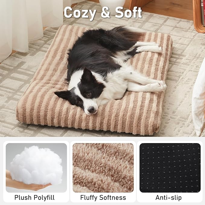 FURTIME Washable XL Dog Bed for Extra Large Dogs, Deluxe Dog Crate Beds | Comfy Fluffy Kennel Pad Anti-Slip Pet Sleeping Mat, Machine Washable Dogs Pillow, 44"x32"x4", Brown