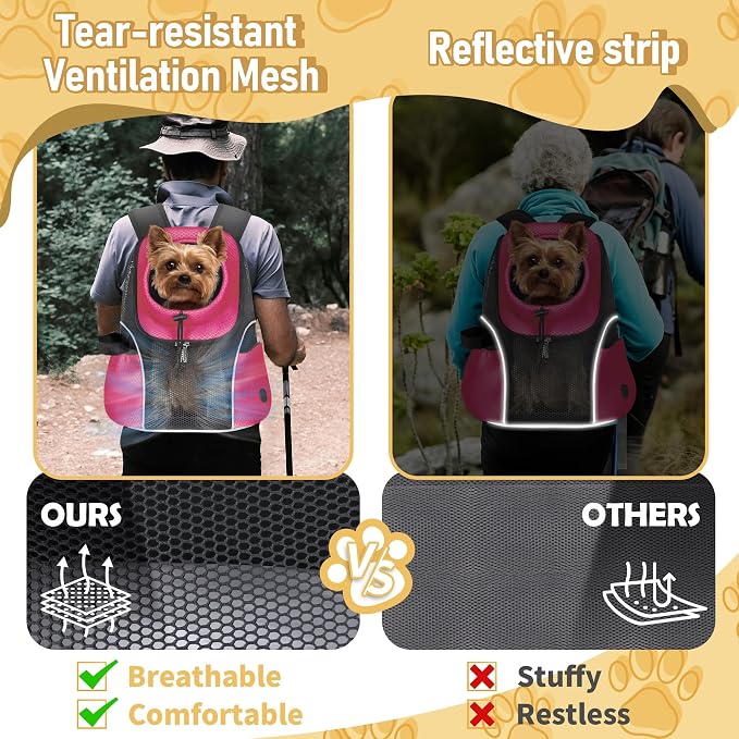 WOYYHO Pet Dog Carrier Backpack, Ventilated Mesh Small Dog Front Backpack | Breathable Puppy Back Pack, with Safety Belt, Storage Pockets, for Travel Hiking Cycling Outdoor Adventures, Rethink Pink, S