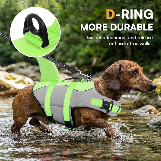 Dog Life Jacket Ripstop Shark Dog Safety Vest Adjustable Preserver with High Buoyancy and Durable Rescue Handle for Small,Medium,Large Dogs, Green Shark X-Small