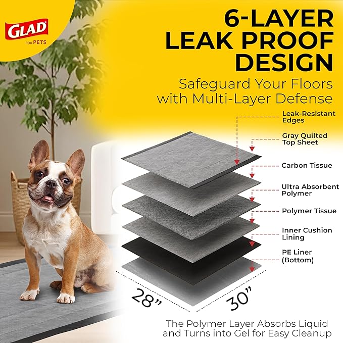 Glad for Pets Extra Large Charcoal Dog Training Pads, Absorbent Leak Proof Pee Pads for Dogs and Puppies, Odor Control Potty Pads with Activated Carbon, 28 x 30 Inches, 30 Count - 6 Pack