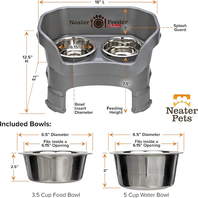 Neater Feeder Deluxe Mess-Proof Elevated Dog Bowls for Medium Dogs (19–40 lbs), 2 Height Adjustable (10” & 12.5”) No-Spill Raised Dog Bowl Stand, Stainless Steel Food Bowl Set, Made in USA, Gunmetal