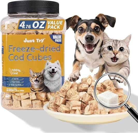 Just Try 4.76 oz Freeze-Dried Cod Bites for Dogs & Cats - High Protein, Low Fat Dog Treats - Grain-Free, Omega-3 for Joint Health