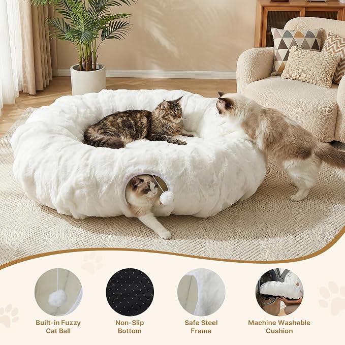 Extra Large Cat Tunnel, 47.2in Luxury Tunnel for Large Cats | Extra Long Bubble Fleece Big Cat Tunnel with Washable Mat, Skin-Friendly Large Tunnel for Cats, Puppy, Rabbits White