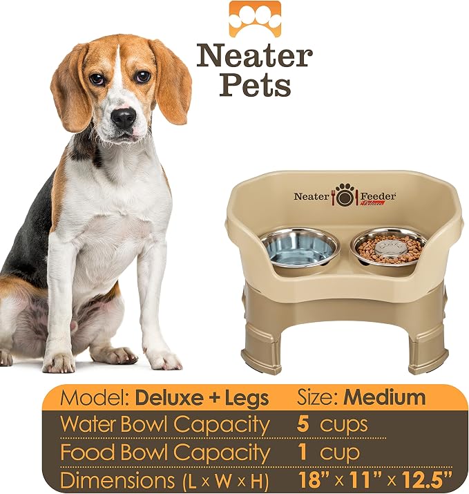 Neater Feeder Deluxe Mess-Proof Elevated Dog Bowls for Medium Dogs (19–40 lbs), 2 Height Adjustable (10” & 12.5”) No-Spill Raised Dog Bowl Stand w/Slow Feed Bowl for Food, Made in USA, Cappuccino