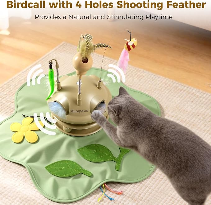 Cat Toys Rechargeable, 6-in-1 Automatic Interactive Cat Toys | Touch Activated Hide and Seek,Moving Feather,Spring Teaser,Treat Dispensing,Dual Track Balls with Chirping for All Breeds