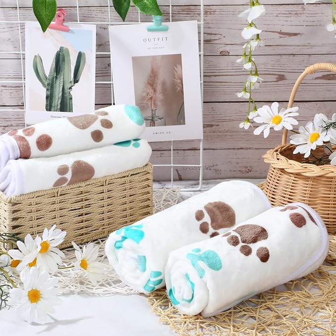 Tatuo 4 Pack Fleece Dog Blankets for Puppy Cats Multi-Size Sleep Mat for Pet Guinea Pig Soft Washable Warm Crate Bed Puppy Teething Toys Print Pattern Blanket Indoor(Milky White,24 x 16 Inch,Paw)