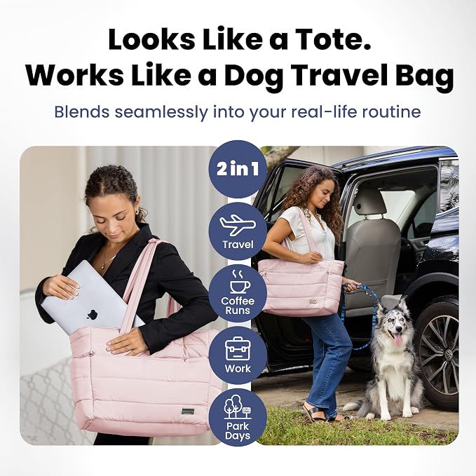 Puffer Dog Travel Bag for Dog Moms, Diaper Bag with Travel Bowls | 2 BPA-Free Collapsible Bowls, 2 Pet Food Containers, 9 Pockets, Everyday Puffer Bag Works With or Without Your Dog, Soft Pink