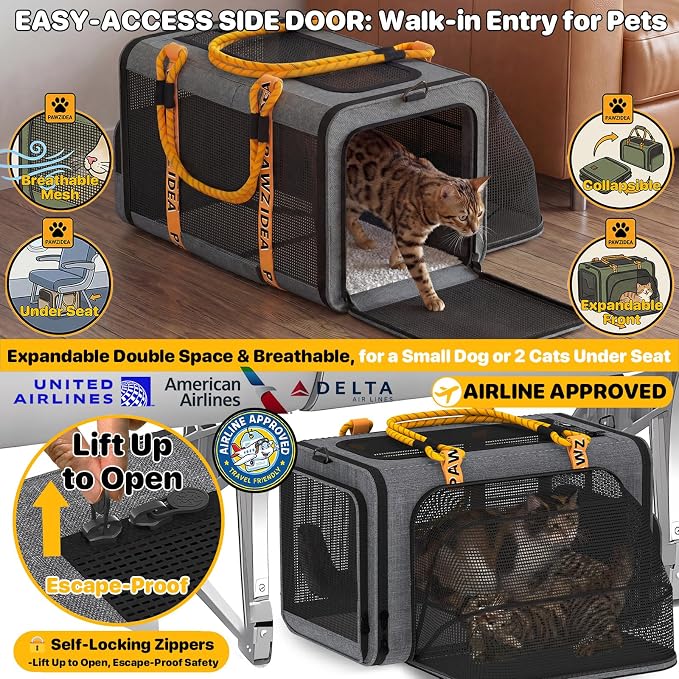 PAWZIDEA Expandable Pet Carrier for Small Cats & Dogs, TSA Airline Approved | 18"×11"×11" Soft-Sided Small Dog Travel Bag, Collapsible Top-Load Cat Carrier for 2 Cats Under Seat, Puppy Car Seat Up 15lbs