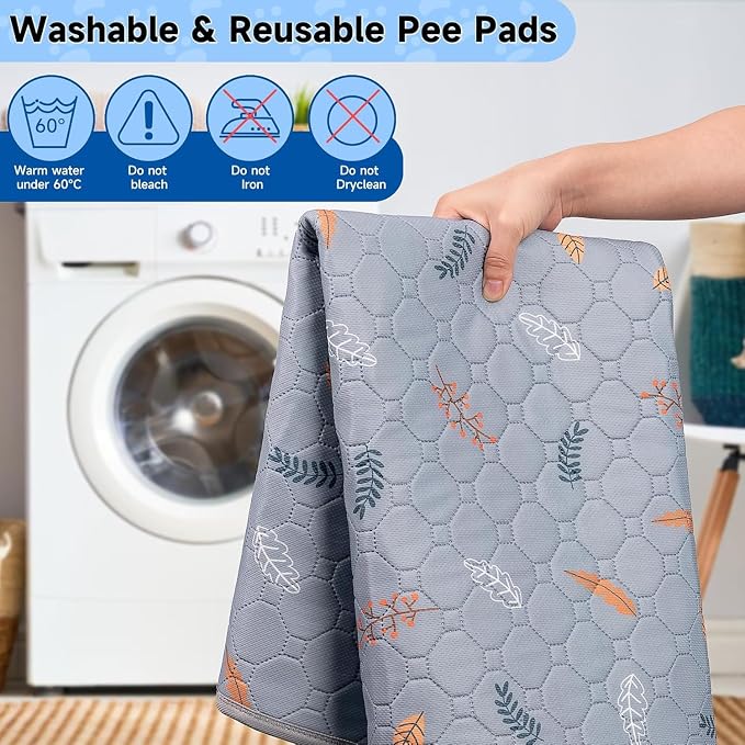 Sunheir Washable Pee Pads for Dogs Large 24" x 72" 2-Pack Reusable Puppy Pads Pet Training Pads, Absorb Dog Mats, Whelping Pad, Non-Slip Protects Against Urine Leakage,Runner Rug (Leaves - Light Grey)