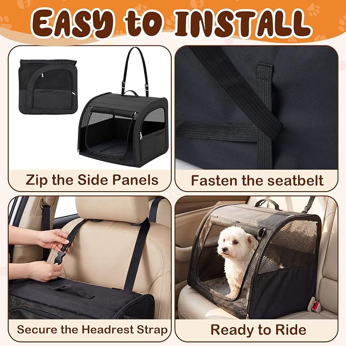 Dog Car Crate, Enclosed Foldable Cat Car Seat Carrier, 23.62x20x20in, Black | Portable Dog Cat Carrier with Seatbelt Attachment & Headrest Strap, Soft-sided Pet Kennel with Bed for Pet Travel up to 25 lb