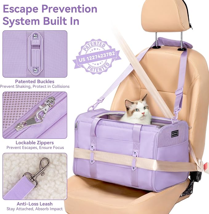 PETSFIT Large Cat Carrier with Patented Safety Buckles,Big Cats Up to 20 lb | Secure Carrier for Safe Driving, Lockable Zippers, Safety Tether, Travel Pet Carrier for Trips & Vet Visits, 19 x 12 x 12
