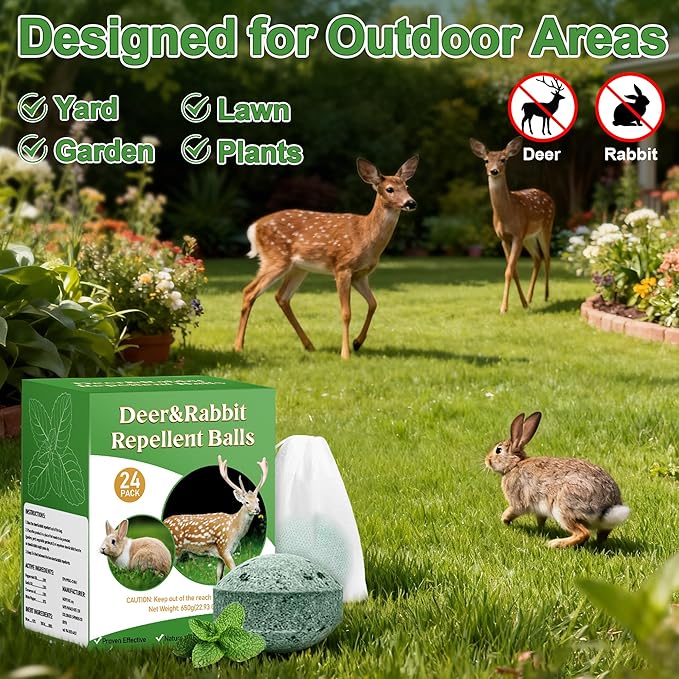 24 Pack Deer & Rabbit Repellent Balls for Outdoor Use, Long-Lasting Scent Deterrent, Helps Protect Plants, Garden, Lawn & Yard from Browsing Animals