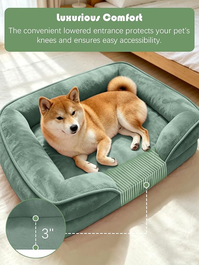 Spotted Play Orthopedic Dog Bed with Sides - Sofa Beds for Medium Dogs, Supportive Foam Pet Couch Bed with Washable Removable Cover, Waterproof Lining and Non-Slip Bottom, Green - M