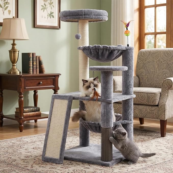 Multi-Level Cat Tree for Indoor Cats, Cat Tree Tower with Big Cat Hammock and Self-Grooming Brush, Cat Tower with Scratch Ladder, Indoor Climbing Activity Tower with Scratching Posts, Grey