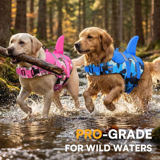 Dog Life Jacket Ripstop Dog Shark Safety Vest Adjustable Preserver with High Buoyancy and Durable Rescue Handle for Small,Medium,Large Dogs, Blue Camouflage X-Small