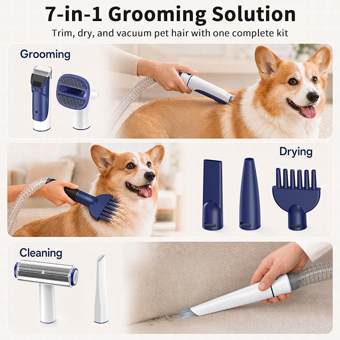 Buenkee Dog Grooming Vacuum & Blow Dryer Kit, Pet Clipper, 15000Pa Suction | 3-in-1 Pet Care, Removes Loose Fur, Styles Coats & Dries After Baths, Adjustable Heat & Airflow, 1.7L Dust Cup for Easy Clean