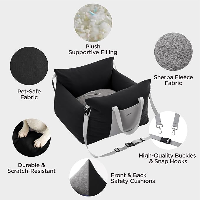 Lesure Dog Car Seat for Small Dogs,Booster Car Bed for Puppy Under 25lbs | Soft Pet Carseat with Clip-On Safety Leash and Thickened Memory Foam Filling,Dog Travel Carrier Bed with Storage Pocket,Black