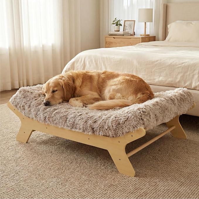 Elevated Wood Dog Bed Frame Mat Set, WoodPattern, X-Large | Raised Sturdy Attractive Dog Sofa Couch Furniture, 110 lb