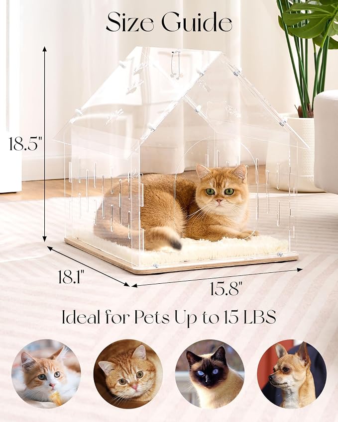 Acrylic Cat House for Indoor Cats, Transparent Cat Bed Cave with Plush Cushion & Hanging Toys, Modern Ventilated Cat Condo with Sturdy Wooden Base for Adult Cats & Kittens up to 15 lbs, White