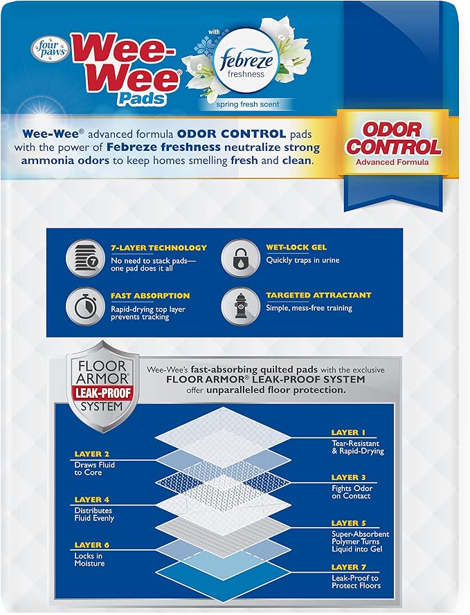 Four Paws Wee-Wee Odor Control Dog Pee Pads with Febreze Freshness | 10 count, spring fresh scent, neutralizes ammonia odors, pee pads for dogs & puppies, dog housebreaking, 22" x 23"