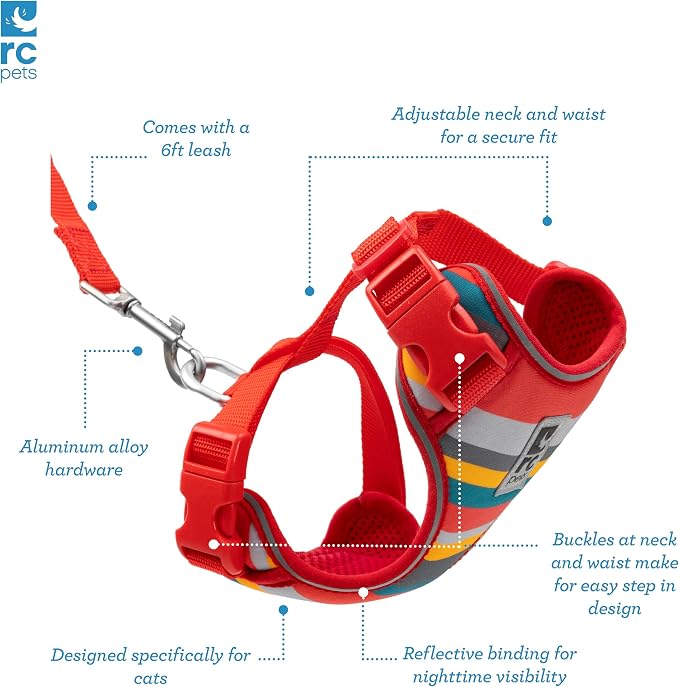 RC Pets Adventure Kitty Cat Harness | Adjustable Airmesh Vest with D-Ring and 6ft Leash for Walking and Travel | Multi Stripes, Small