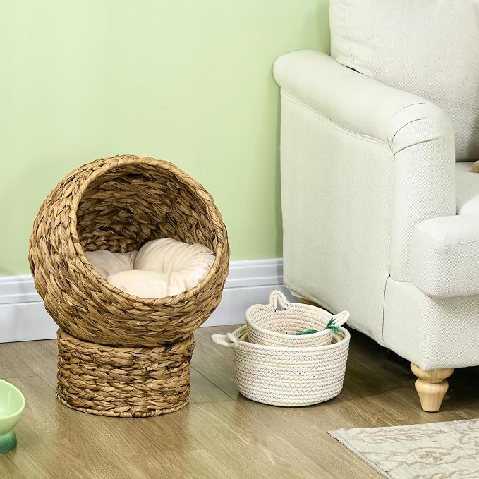 PAWHUT Egg Chair Rattan Elevated CAT Bed with Removable Cover, 17-in, Brown | Soft Cushion & Egg Chair Shape, Basket Bed Kitty House with Stand, Raised Wicker House