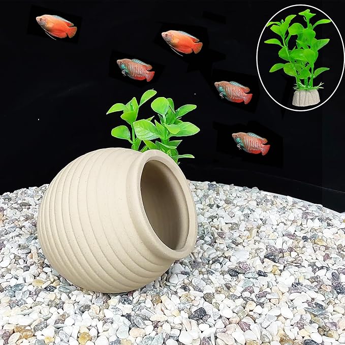 SpringSmart Aquarium Decor Rock Betta Fish Tank Decorations Ceramic Hideout Stone for Fish Shrimp Turtle Crab to Breed, Rest and Play, Small Fish Bowl Hiding Cave, Pot Shaped Betta Toys