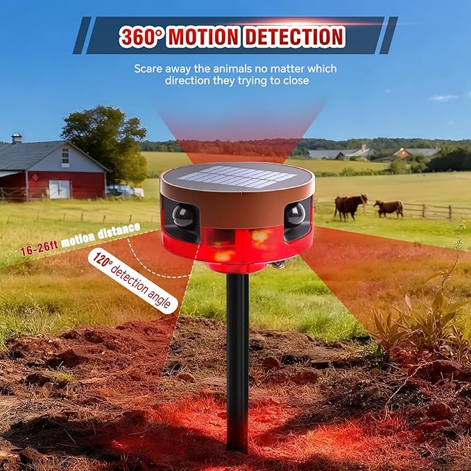 Solar Outdoor Motion Sensor Alarm-Dog Barking or Gunshot Sound, 130dB Noise, 13 Sounds & 360° Motion Detector Alarm Support Recording, with Remote Controller for Home, Villa,Yard,Chicken coop