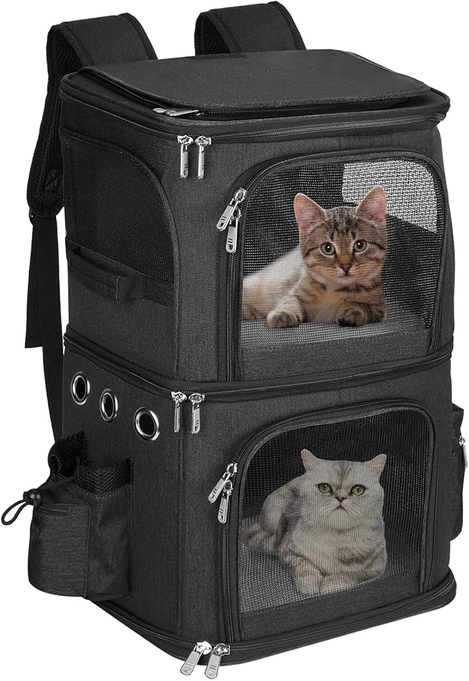 HOVONO Double Cat Carrier Backpack for 2 Cats or Small Dogs,Large Space | 2-in-1 Dual Compartment Pet Backpack Carrier up to 18 lbs, Ventilated Design for Traveling/Hiking /Camping/Vet Visits, Black