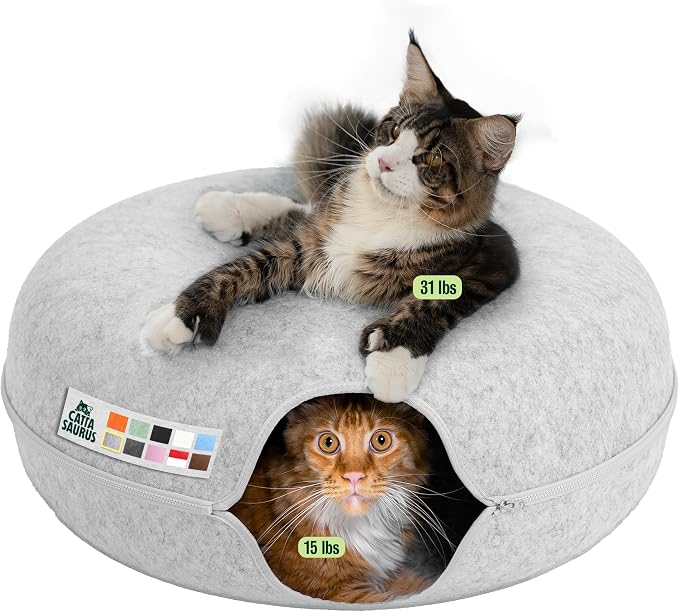 Peekaboo Cat Cave Donut for Multiple & Large Cats up to 30-45 lbs, 3-in-1 Self Warming Cat Bed, Tunnel & Scratcher for Indoor Cats, Washable & Detachable Small Dog Bed (Light Gray, Jumbo)