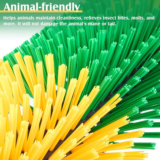 3 Pack Livestock Scratching Brush, Green and Yellow | Animal Scratcher, Itch Relief Grooming, Horse Goat Cow Scratcher, Fence Post Mounting, Durable Bristles, Farm Livestock Care