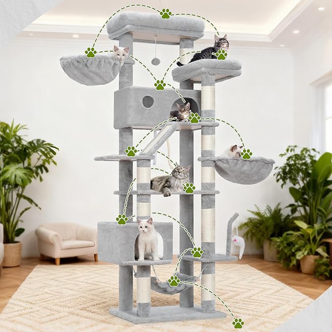 Gitelsnour Cat Tree for Large Cats, 78.7"(200cm) Tall Cat Tower for Indoor Cats Multiple Cats with Large Top Perch, Cat Condo, Cat Hammcok, Cat Scratching Post, Light Gray GCT031W