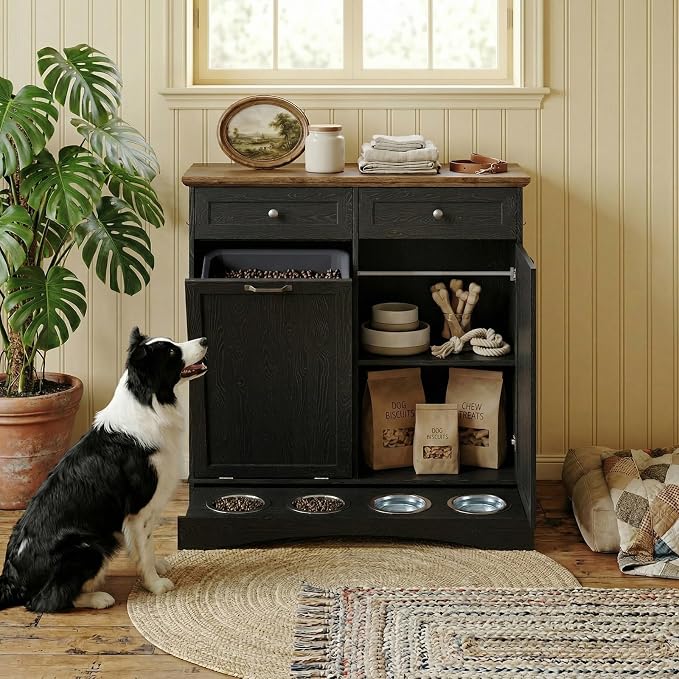 Furnaza Pet Feeding Station with 4 Bowls,Dual Doors Dog Cabinet Storage | Black 39.7"W Dual Doors Pet feeding station with storage for dogs and cats, Pet Food Storage for Kitchen, Living Room