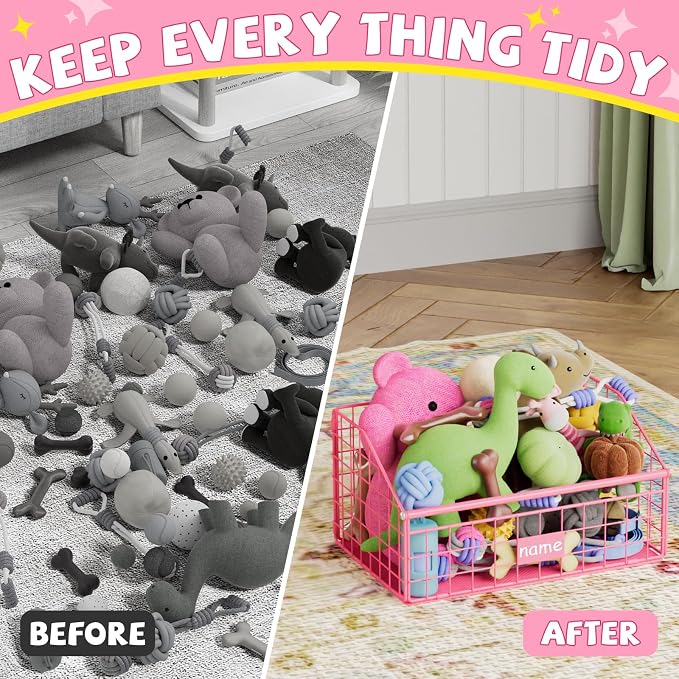 Kaiferty Indestructible Dog Toy basket, Small Toy Box for Dogs, Pet Toy Bin Dog Metal Basket for Toys, Toy Storage Organizer,Dog Toy Box for Living Room Area(Pink)