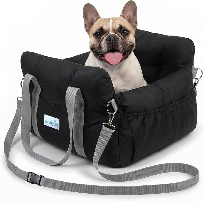 Small Dog Car Seat Cute Puppy Carrier Dog Bed w/Waterproof Bottom | Booster Console Car Seat with Safety Leash, Cozy Pet Car Bag for Travel with 3 Pockets and Adjustable Buckles